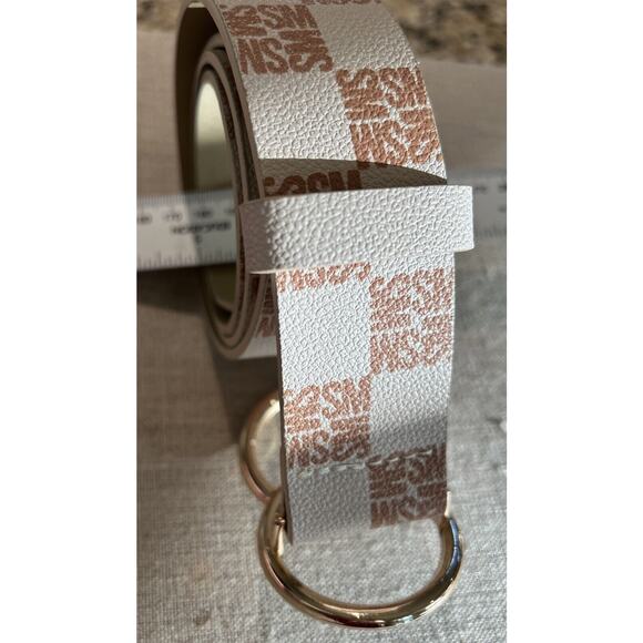 Steve Madden Logo Belt Double Ring Buckle Creme Tan Gold Faux Leather LARGE - Picture 5 of 8